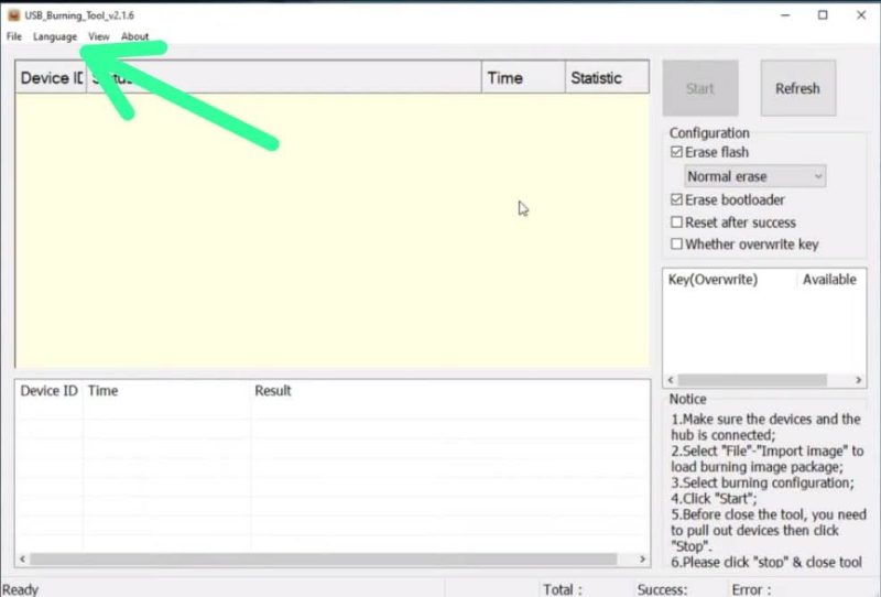 menu language di USB Burning Tool